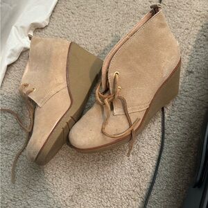 Tan Suede Wedge Ankle Boots with Adjustable Laces